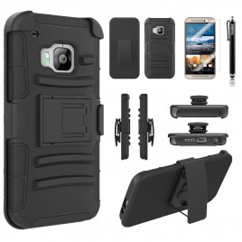 HTC One M9 Case, Dual Layers [Combo Holster] Case And Built-In Kickstand Bundled with [Premium Screen Protector] Hybird Shockproof And Circlemalls Stylus Pen (Black)
